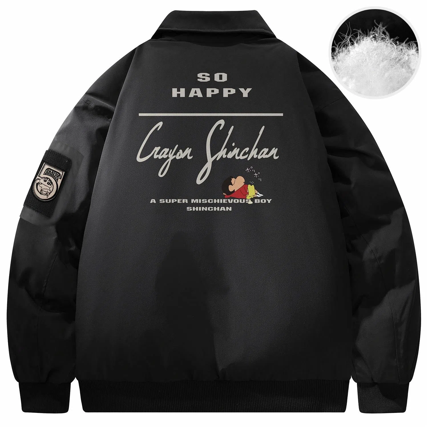 蜡笔小新 美式卡通人物像素字母印花袖袋袖徽休闲宽松加厚保暖翻领飞行员羽绒服 男女同款