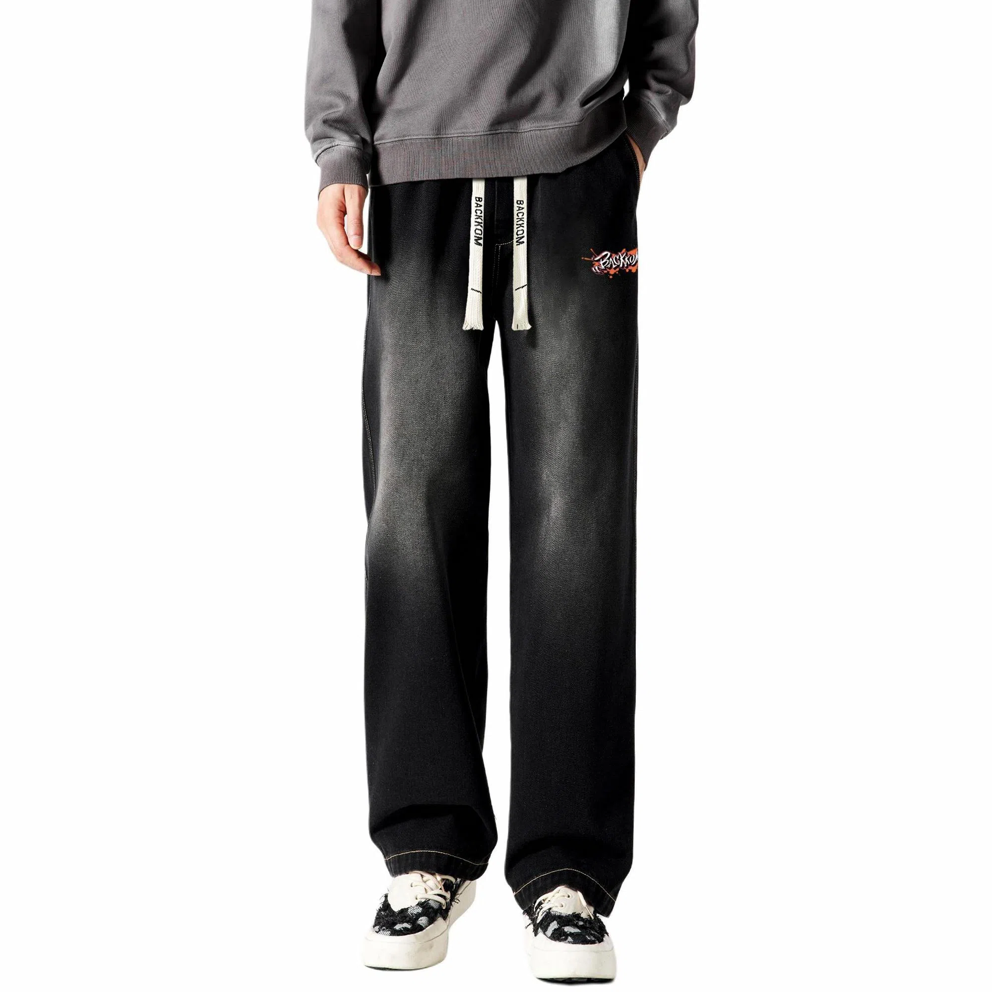 大卫贝肯 美式复古高街风字母水洗宽松中腰显高品牌系带阔腿牛仔裤 男女同款