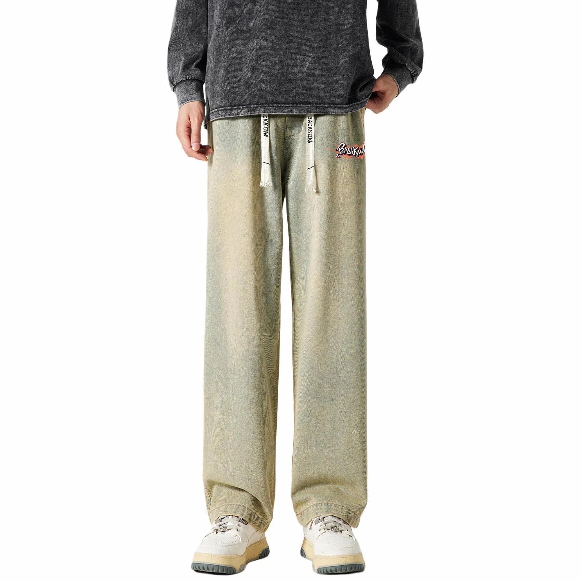 大卫贝肯 美式复古高街风字母水洗宽松中腰显高品牌系带阔腿牛仔裤 男女同款