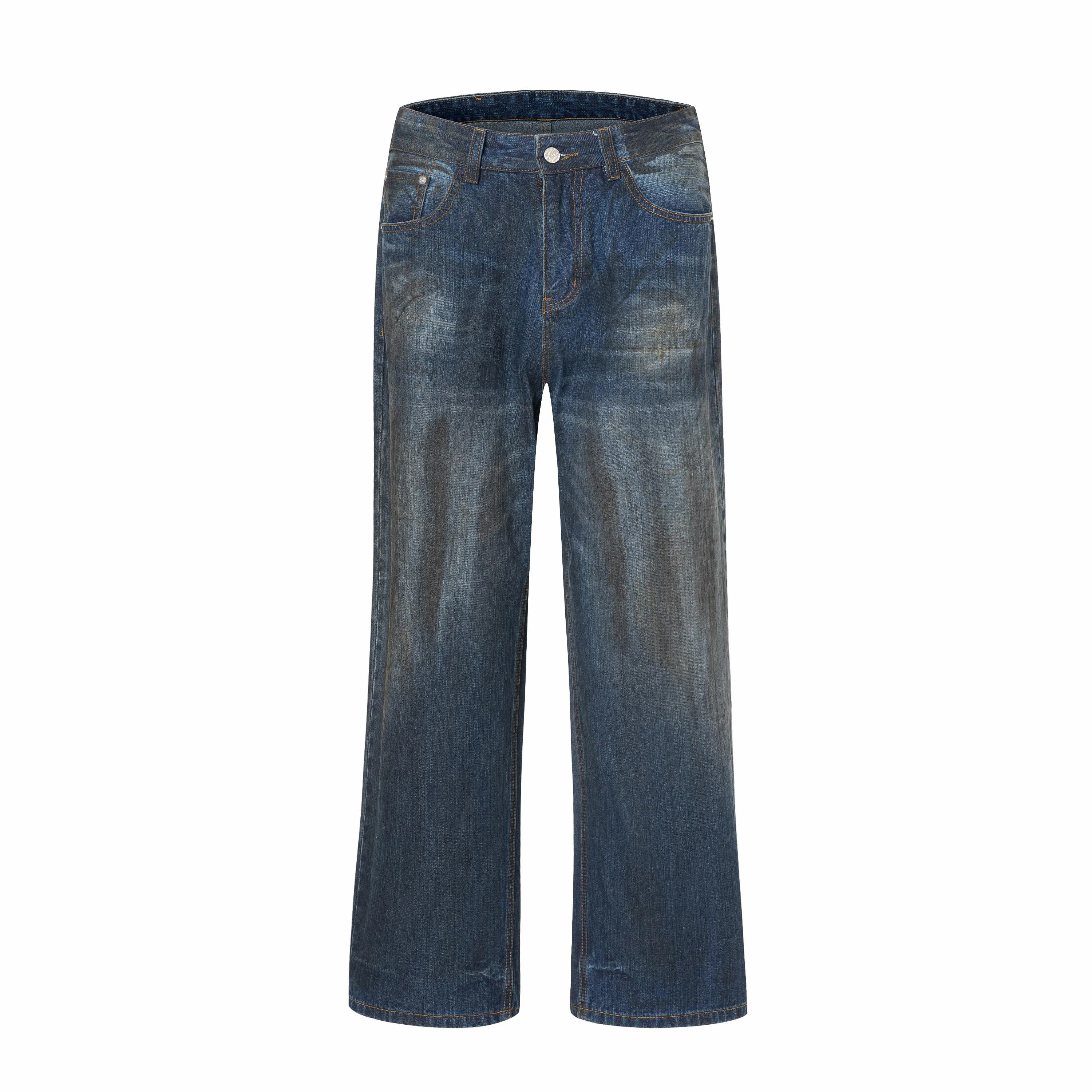 赞仕 美式高街复古水洗百搭宽松阔腿直筒拖地牛仔裤 男女同款 蓝色