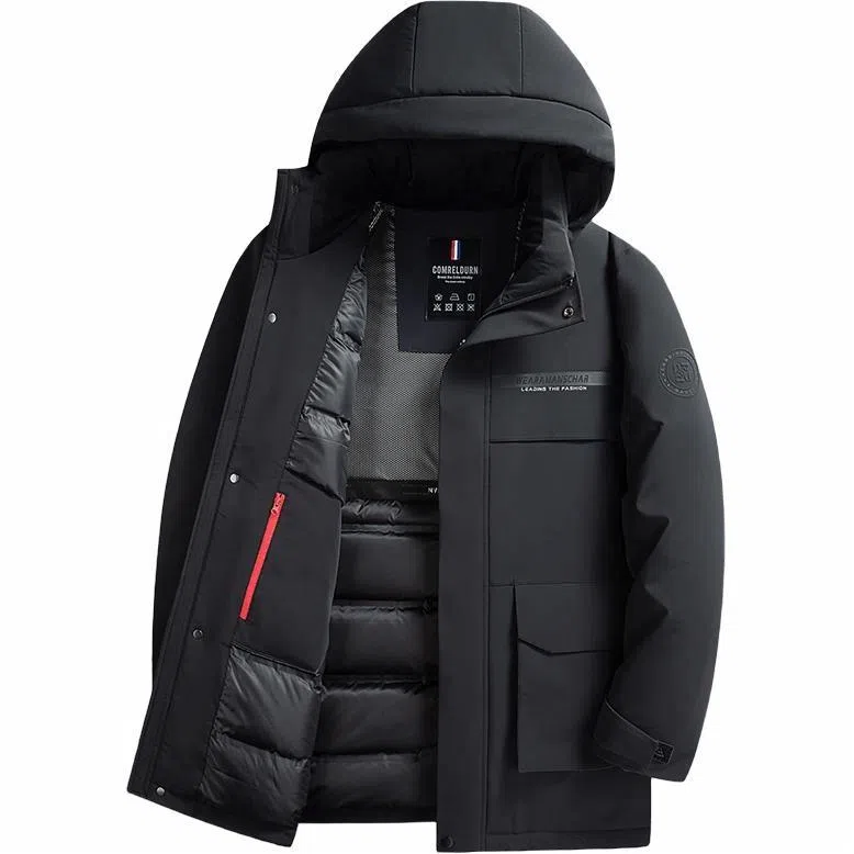 鸭鸭 中长款可拆连帽拉链羽绒服 男款