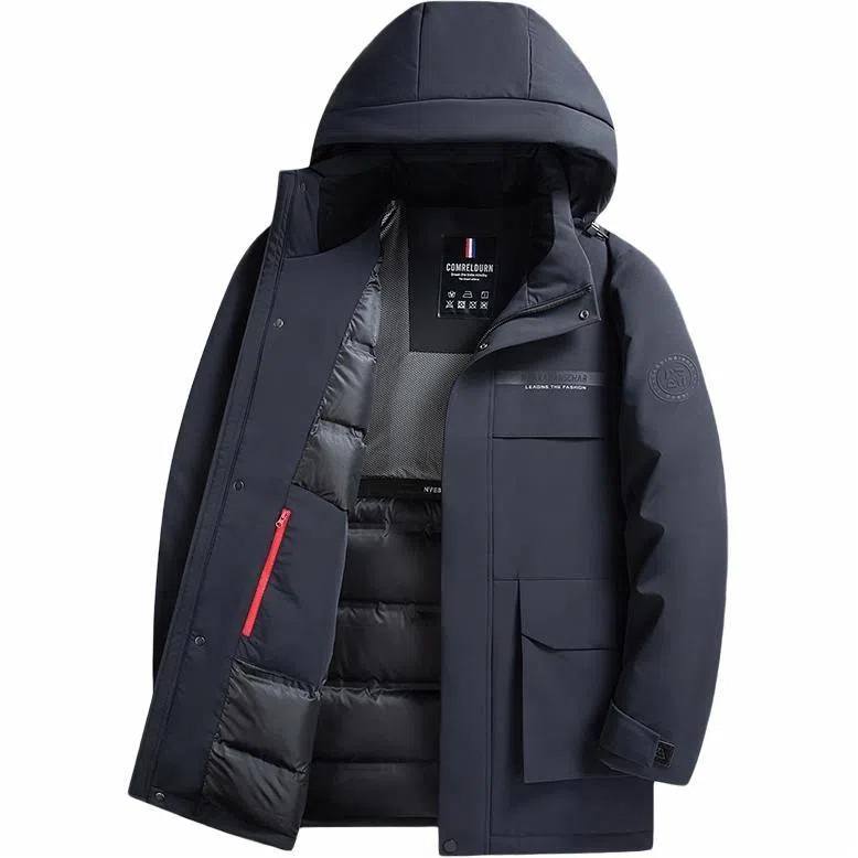 鸭鸭 中长款可拆连帽拉链羽绒服 男款