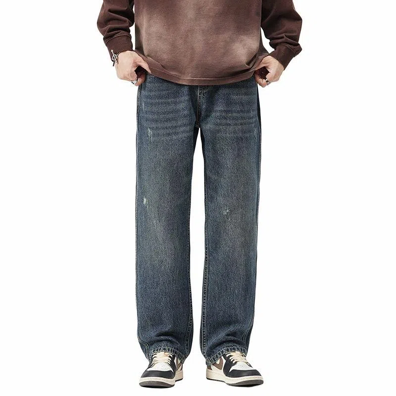 【dme】 高街美式水洗显腿长中腰复古纯色休闲宽松阔腿百搭通勤牛仔裤 男女同款 蓝色