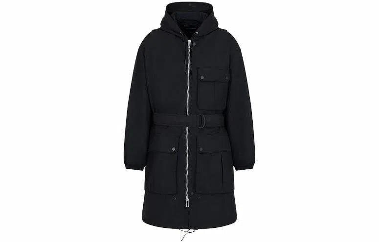 EMPORIO ARMANI Crinkle Nylon Water Repellent Trench Coat With Hood And Crossover Belt