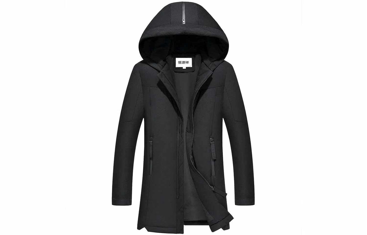恒源祥 纯色中长款加厚保暖防寒连帽棉服 男款