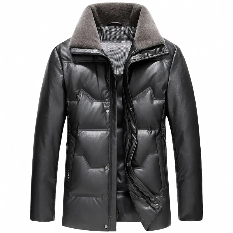 鸭鸭 中老年爸爸装纯色商务休闲防寒保暖翻领真皮羽绒服 男款