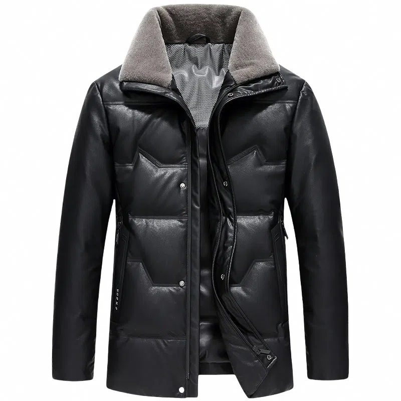 鸭鸭 中老年爸爸装纯色商务休闲防寒保暖翻领真皮羽绒服 男款