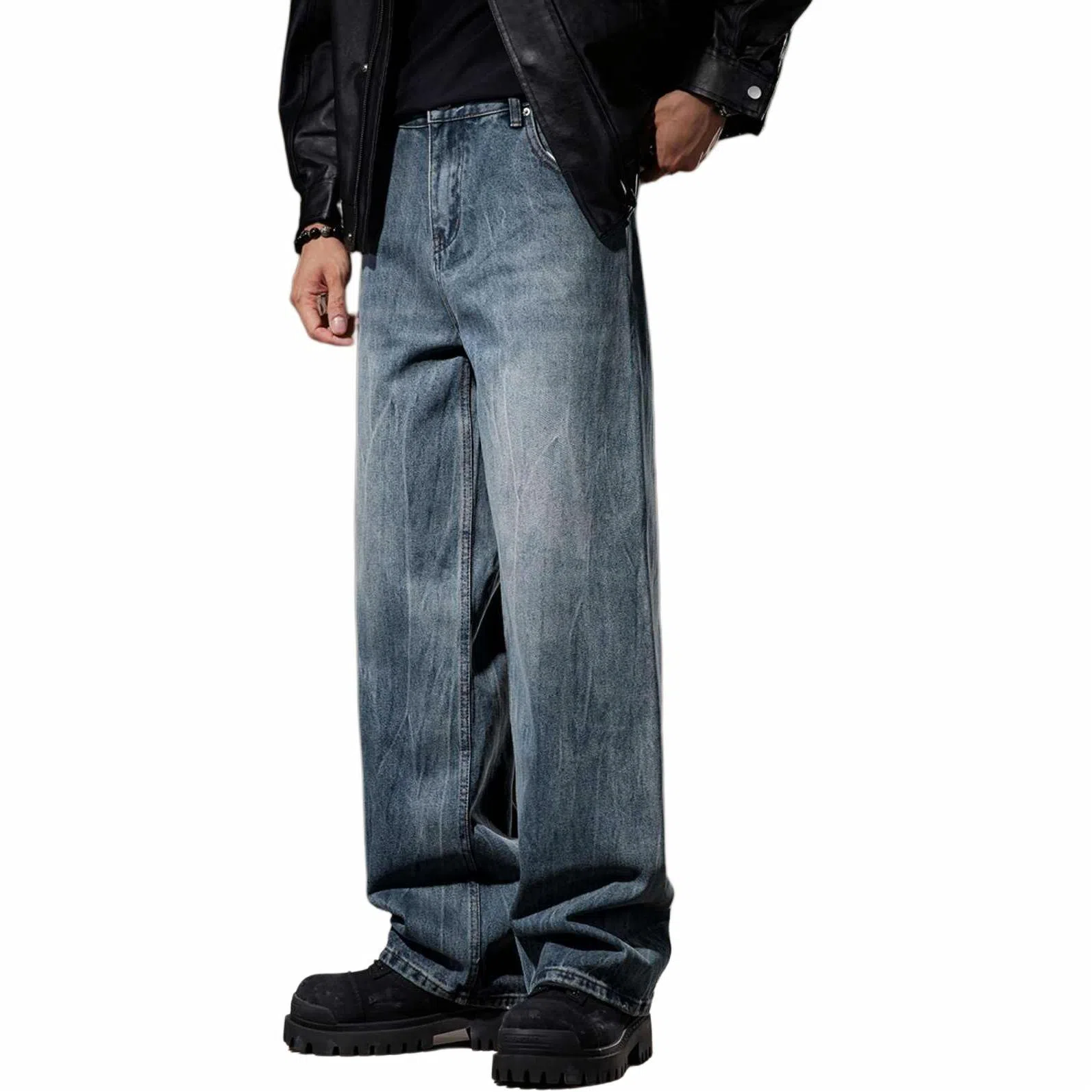 贵色 宽松直筒纯色牛仔裤 男款 水洗蓝