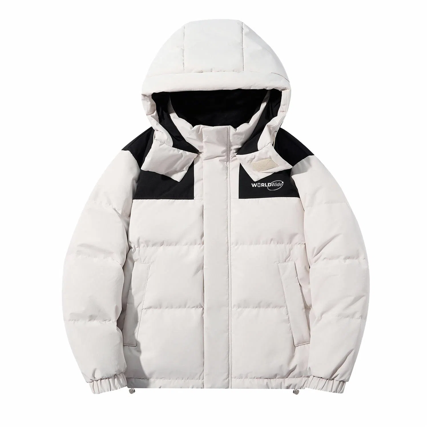 鸭鸭 高端通勤系列 冬季基础款拼接插色简约字母印花设计感学生党好物显高小众垂感宽松休闲防寒保暖插色抽绳连帽羽绒服 男女同款