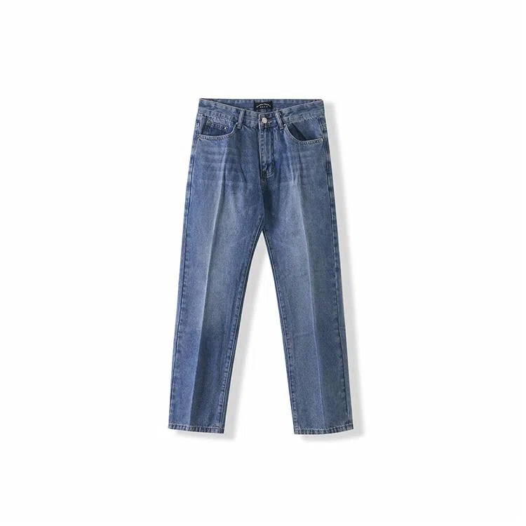 我是大卫 纯色做旧中腰拉链宽松休闲直筒牛仔裤 男女同款 蓝色