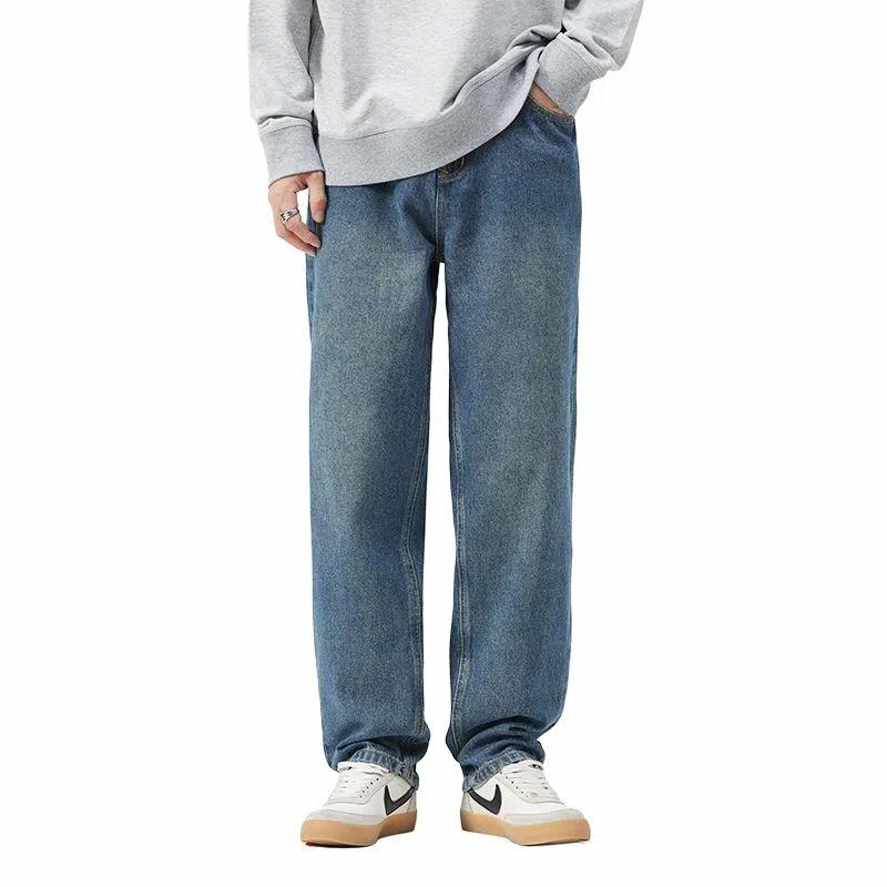 【dme】 时尚潮流宽松百搭垂感休闲舒适柔软复古阔腿显高显瘦直筒牛仔裤 男女同款 中蓝色