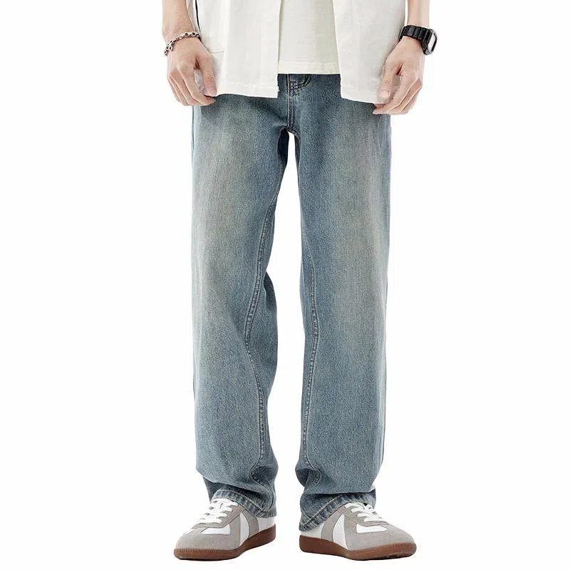 【dme】 纯色基础款水洗时尚简约直筒休闲长裤男款美式复古宽松日常通勤阔腿牛仔裤 男女同款 靛蓝色