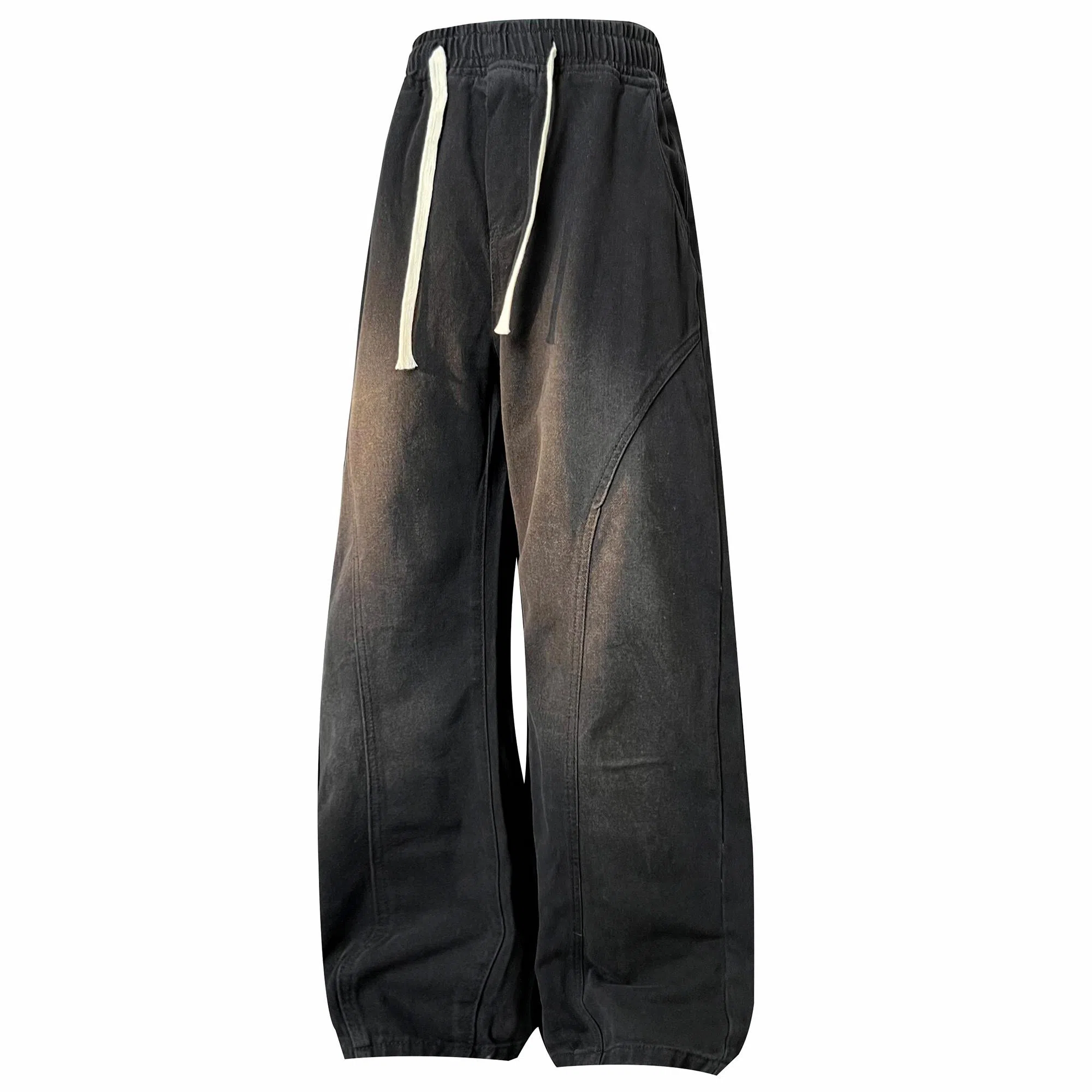 稻草人 美式高街废土风结构性拼接水洗做旧简约纯色垂感松紧抽绳直筒无性别主义宽松休闲百搭工装牛仔裤 男女同款