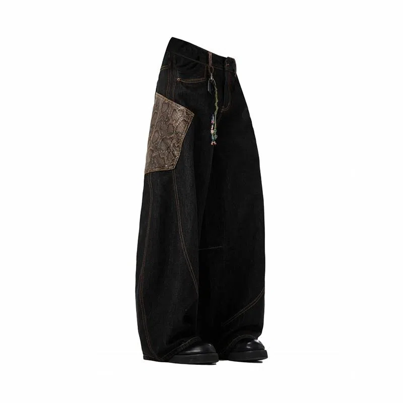 物质公式 美式高街复古个性蛇纹宽松百搭弯刀蟒阔腿微喇休闲直筒长裤拼接垂感牛仔裤 男女同款 黑色