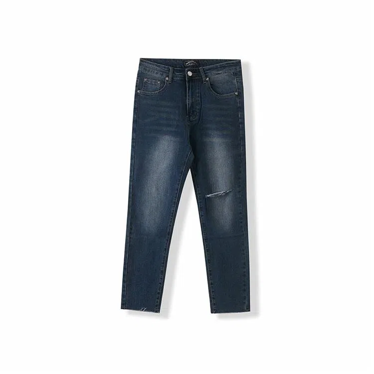 我是大卫 美式破洞修身百搭小脚九分牛仔裤 男女同款 深蓝色