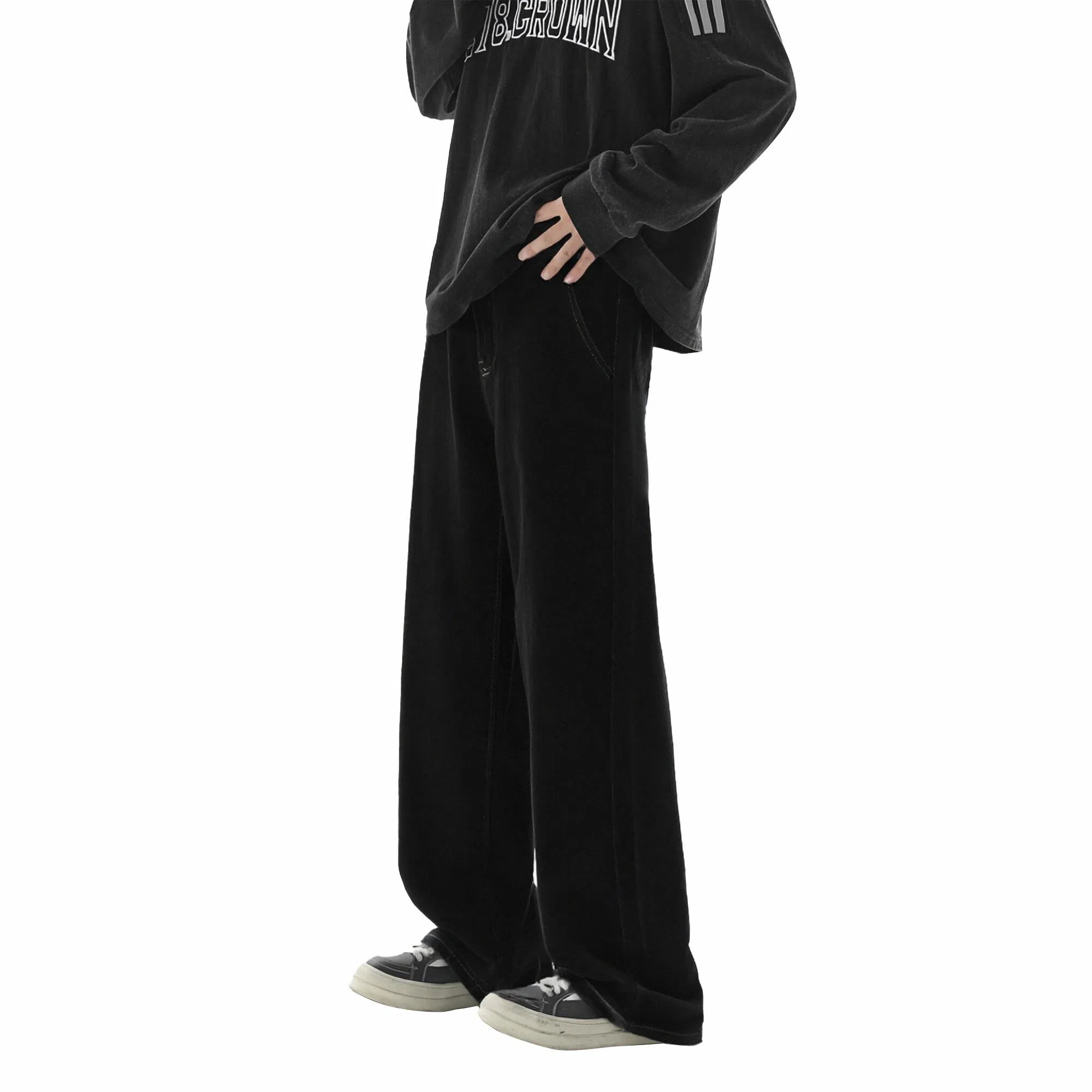 王者荣耀 标语款 美式复古创意金属夹标做旧水洗直筒字母设计高街户外出行微喇休闲百搭显瘦垂感长裤牛仔裤 男女同款 石墨黑