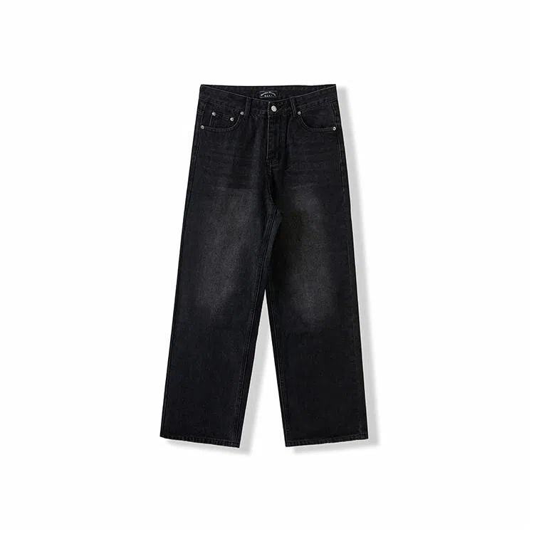 我是大卫 美式高街小众设计水洗做旧直筒宽松休闲阔腿拉链牛仔裤 男女同款 黑色