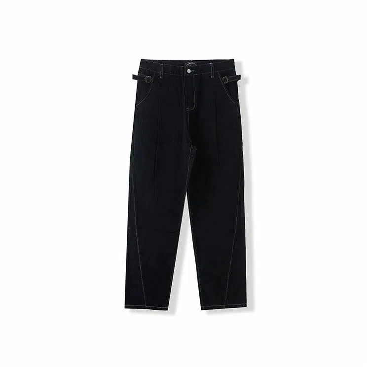 我是大卫 水洗复古做旧休闲宽松直筒阔腿牛仔裤 男女同款 黑色