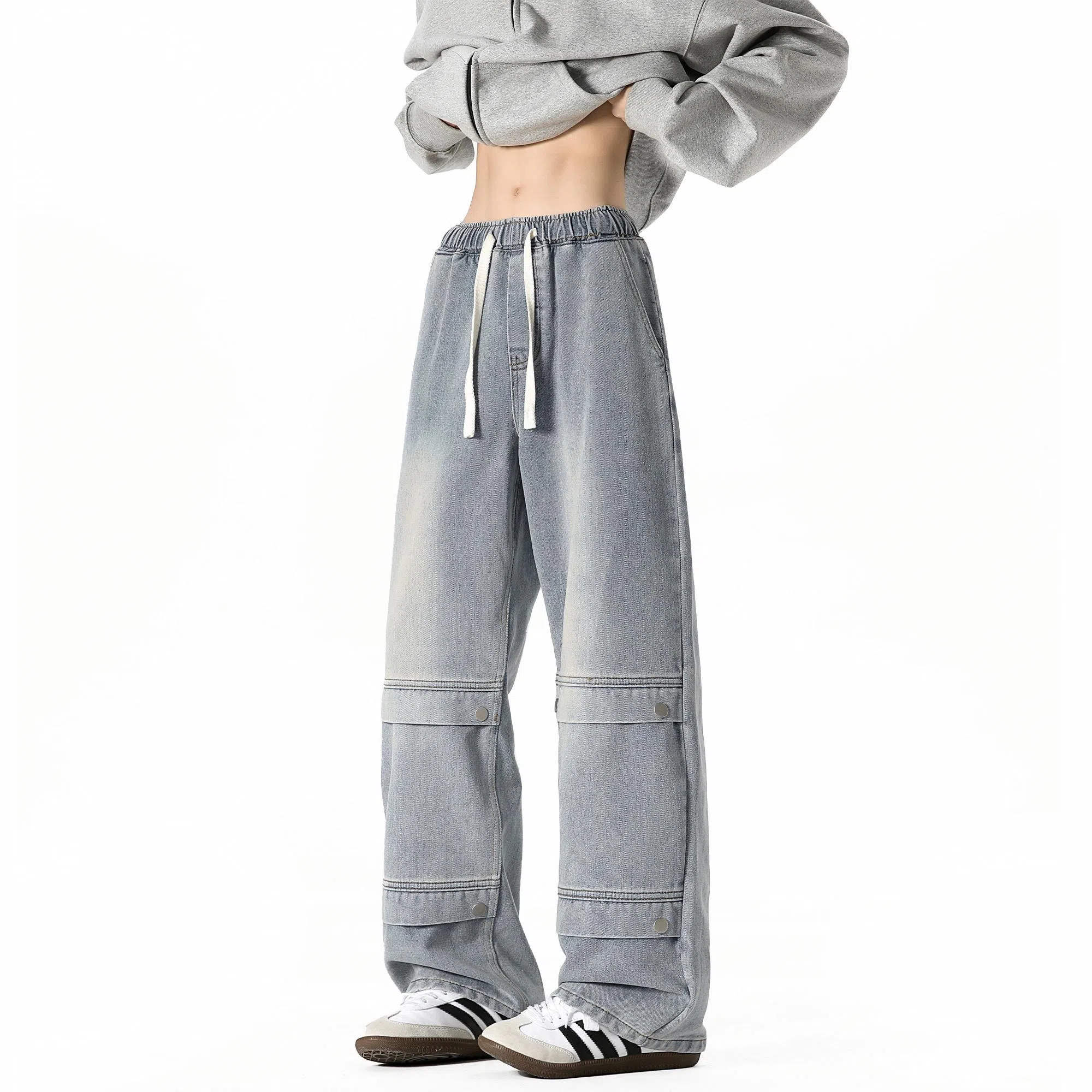 王者荣耀 标语款 美式复古金属夹标做旧水洗微喇直筒字母设计高街微喇休闲阔腿显瘦垂感长裤牛仔裤 男女同款