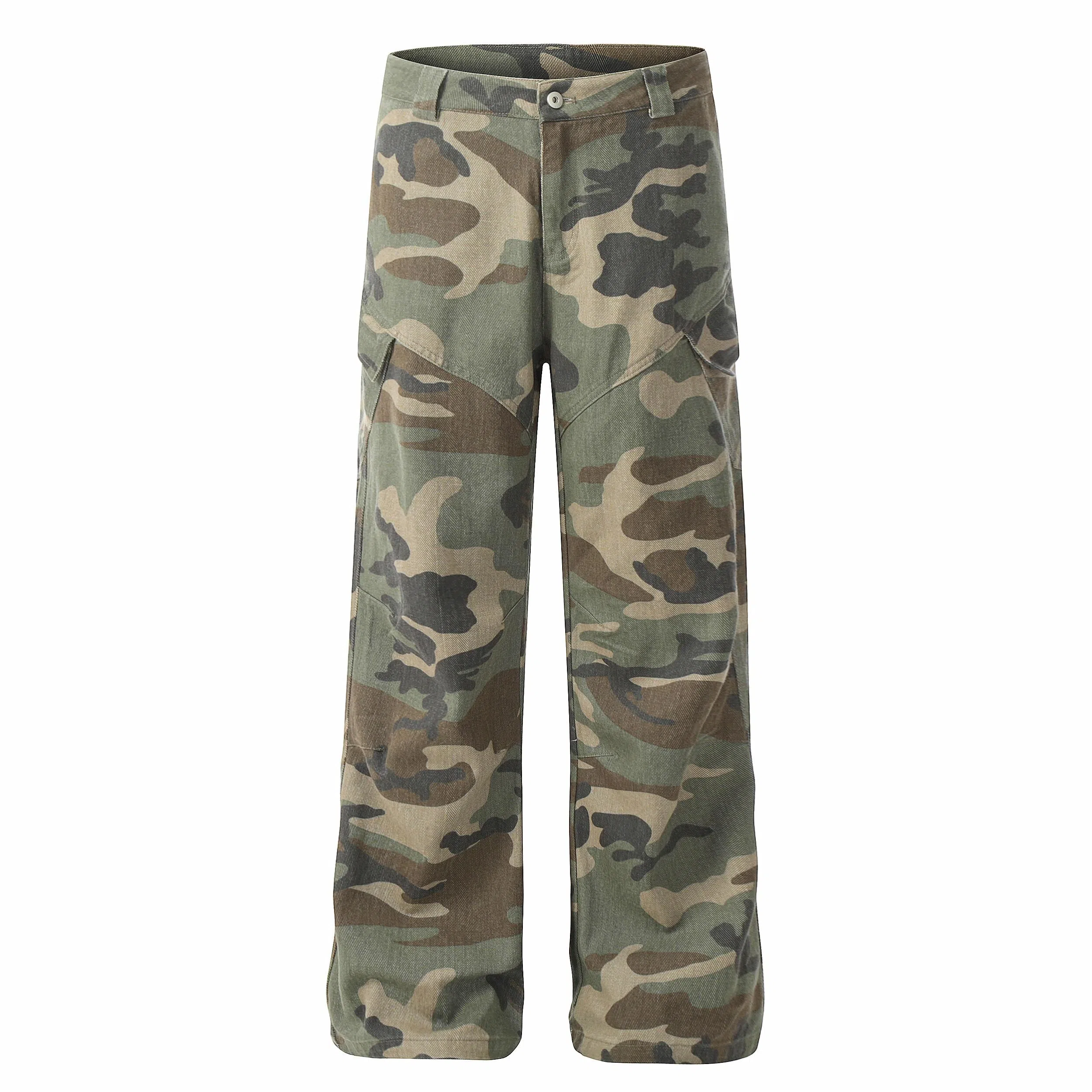 木林森 美式高街复古潮流拼接个性贴袋迷彩高品质百搭通勤显高显瘦垂感宽松休闲直筒牛仔裤 男女同款