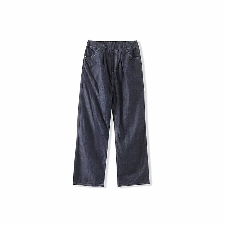 我是大卫 纯色中腰松紧宽松直筒牛仔裤 男女同款 深蓝色