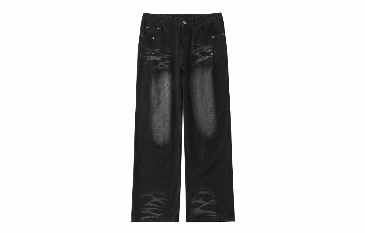 LAMLICKA Cat Whisker Washed Straight Jeans Black