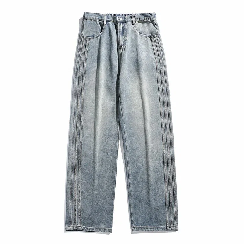 【dme】 时尚简约基础款宽松休闲长裤美式高街拼接设计中腰百搭直筒垂感牛仔裤 男女同款