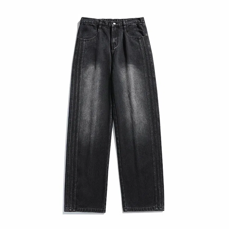 【dme】 时尚简约基础款宽松休闲长裤美式高街拼接设计中腰百搭直筒垂感牛仔裤 男女同款