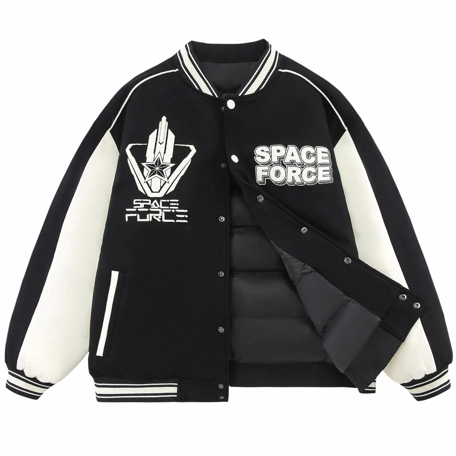 三体 太空亚洲舰队系列 复古美式宽松趣味英文字母发泡印花休闲学院风拼接撞色保暖加厚飞行员棒球多巴胺羽绒服 男女同款