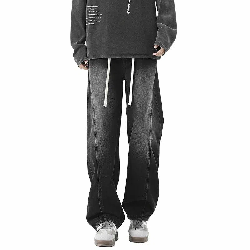 【dme】 时尚潮牌高街设计感拼接宽松系带中腰百搭水洗做旧垂感休闲直筒牛仔裤 男女同款