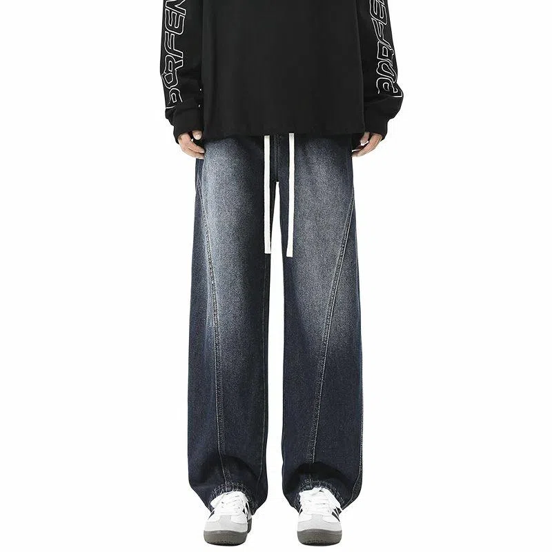【dme】 时尚潮牌高街设计感拼接宽松系带中腰百搭水洗做旧垂感休闲直筒牛仔裤 男女同款
