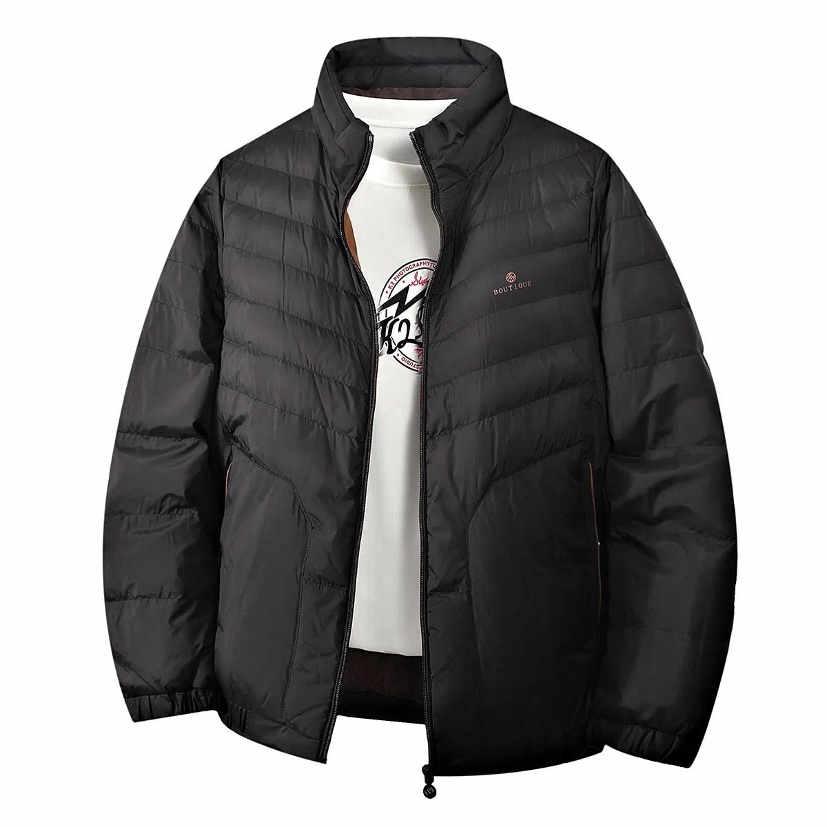 鸭鸭 纯色立领拉链休闲薄款羽绒服 男款