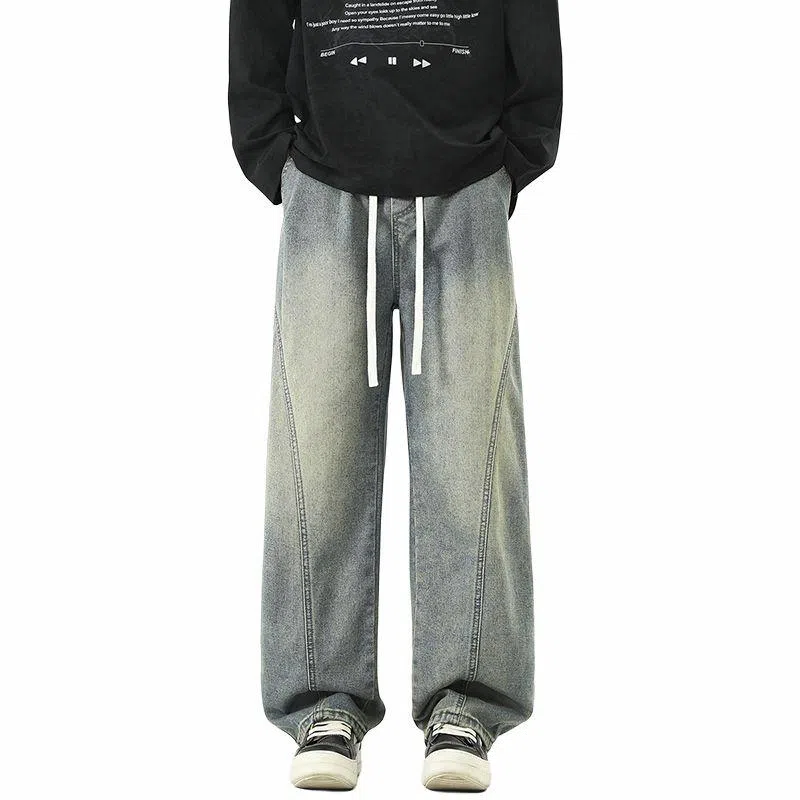 【dme】 时尚潮牌高街设计感拼接宽松系带中腰百搭水洗做旧垂感休闲直筒牛仔裤 男女同款