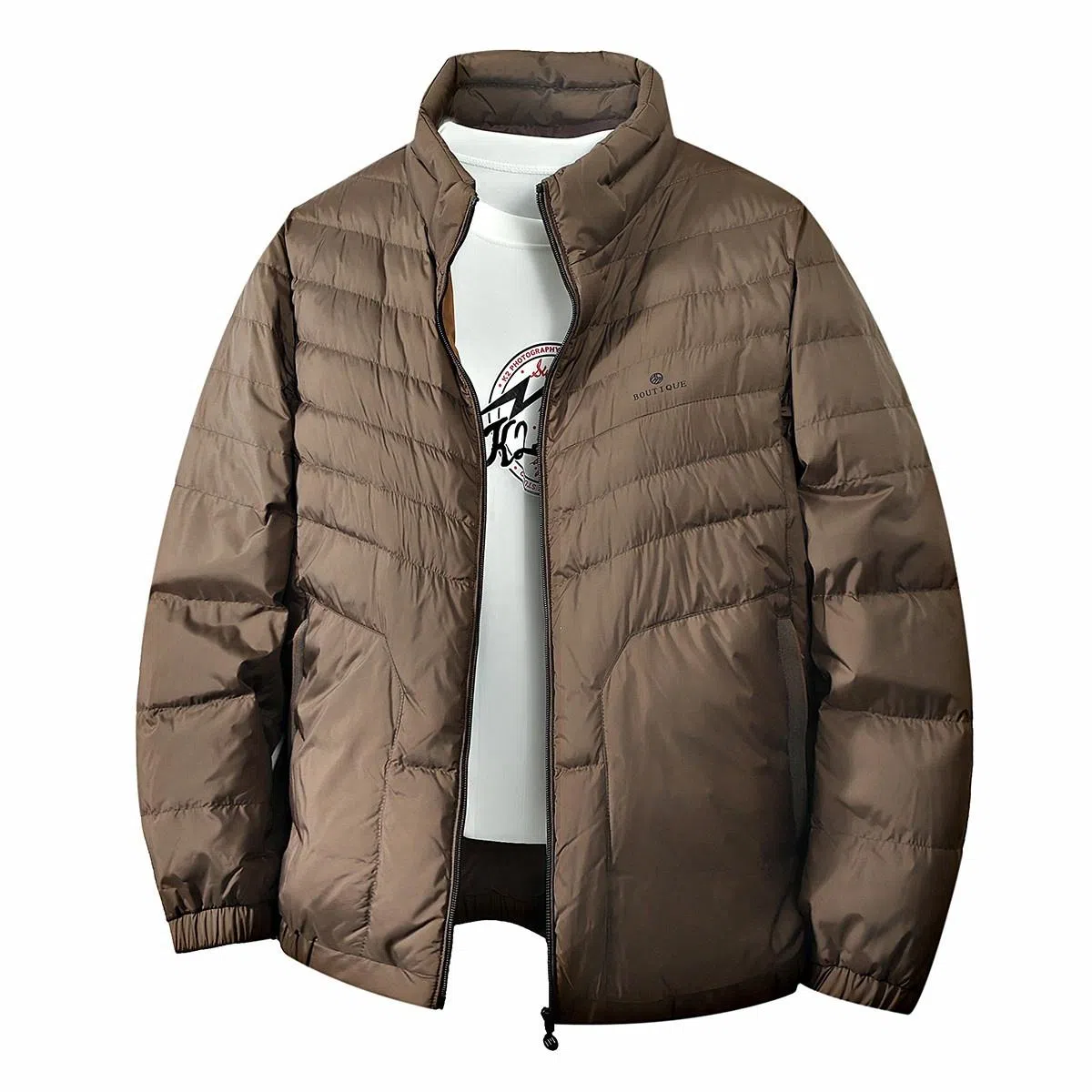 鸭鸭 纯色立领拉链休闲薄款羽绒服 男款