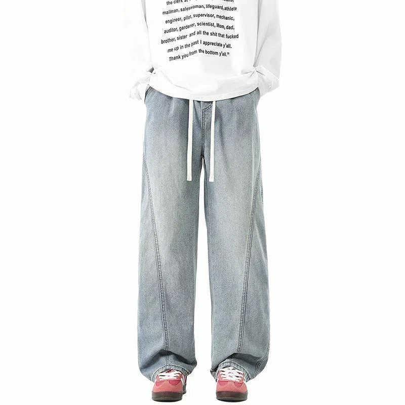 【dme】 时尚潮牌高街设计感拼接宽松系带中腰百搭水洗做旧垂感休闲直筒牛仔裤 男女同款