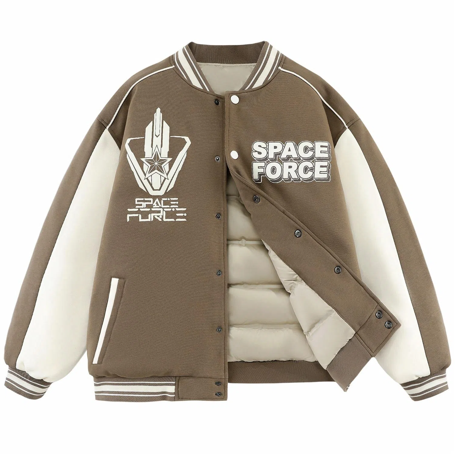 三体 太空亚洲舰队系列 复古美式宽松趣味英文字母发泡印花休闲学院风拼接撞色保暖加厚飞行员棒球多巴胺羽绒服 男女同款