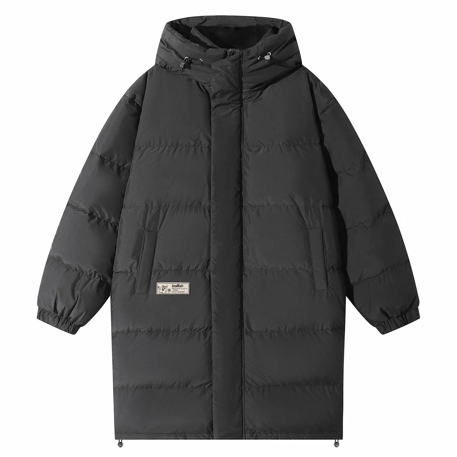 快鱼 东北极寒户外美式复古简约纯色基础款动物热熔标休闲时尚保暖加厚百搭宽松面包服连帽羽绒服 男女同款 黑色