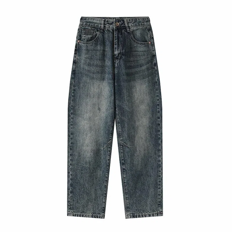 赞仕 美式复古水洗做旧宽松直筒牛仔裤 男女同款 蓝色