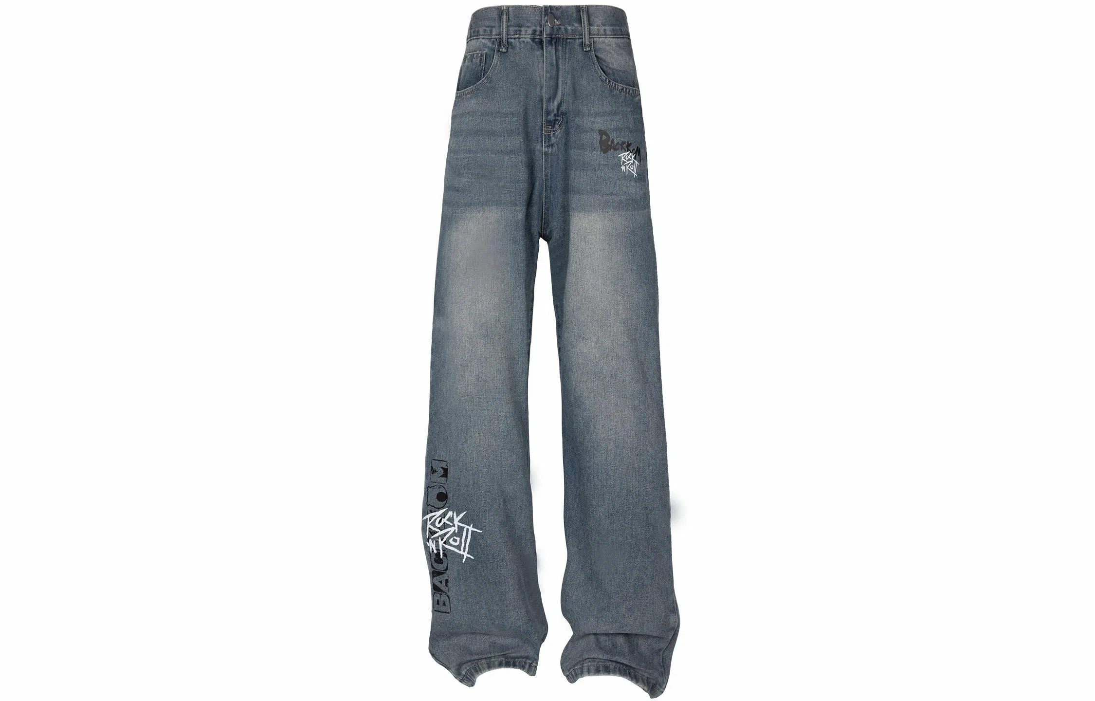 大卫贝肯 做旧字母印花涂鸦中腰拉链百搭直筒牛仔裤 男女同款