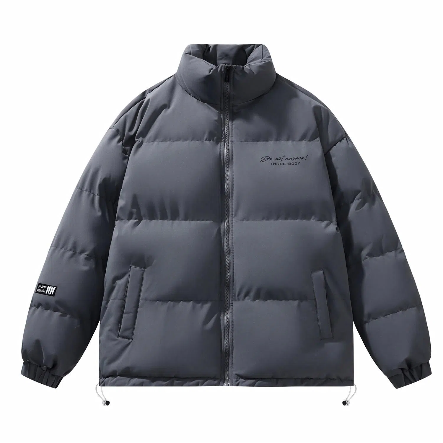 三体 不要回答系列 美式宽松保暖柔软舒适简约字母印花纯色百搭基础款防风防水防寒加厚立领开衫潮牌棉服 男女同款