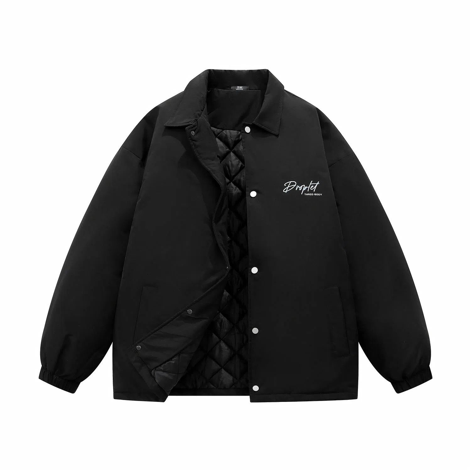 三体 水滴系列 简约字母印花美式宽松保暖百搭纯色基础款防风防水防寒加厚复古立领开衫潮牌面包服外套柔软舒适棉服 男女同款