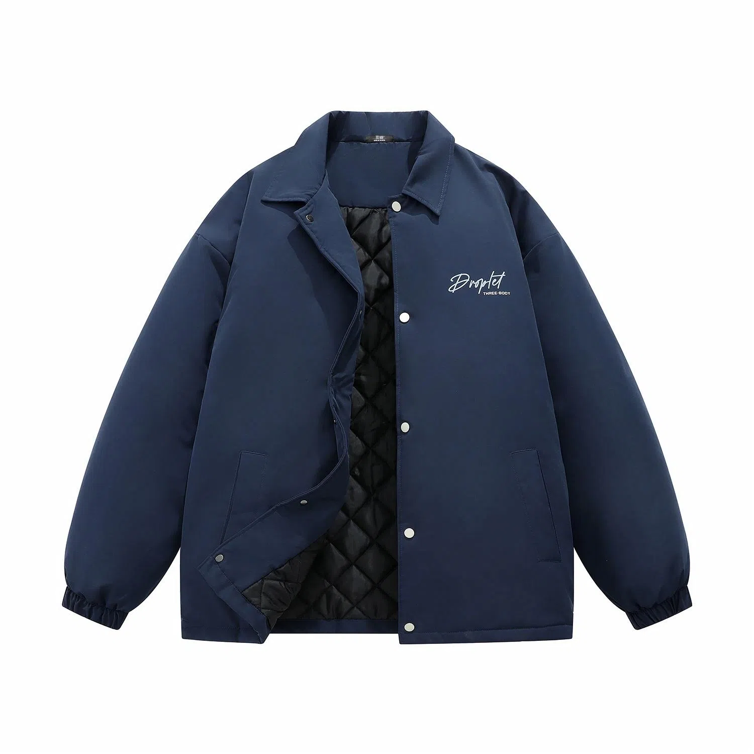 三体 水滴系列 简约字母印花美式宽松保暖百搭纯色基础款防风防水防寒加厚复古立领开衫潮牌面包服外套柔软舒适棉服 男女同款