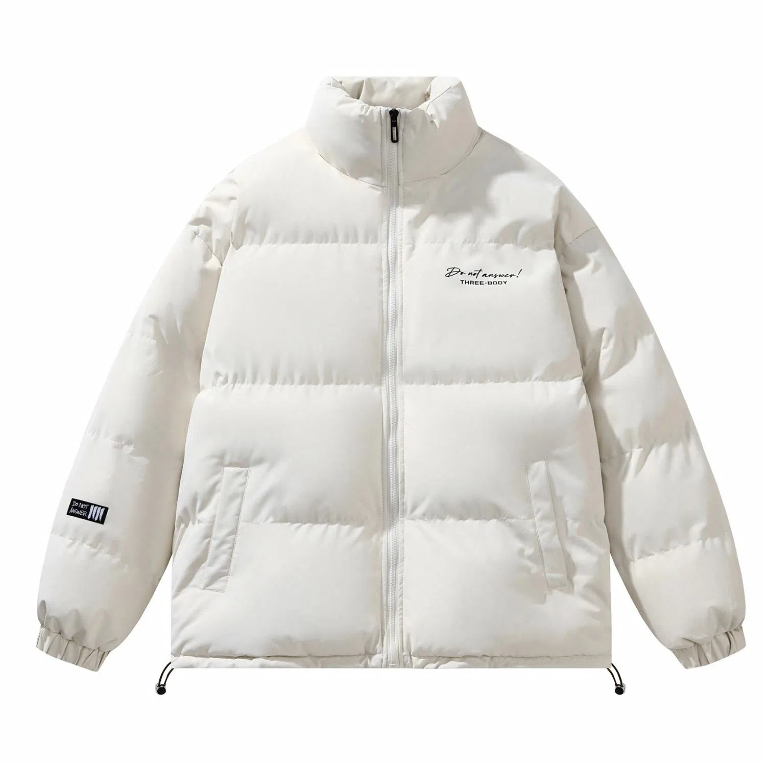 三体 不要回答系列 美式宽松保暖柔软舒适简约字母印花纯色百搭基础款防风防水防寒加厚立领开衫潮牌棉服 男女同款