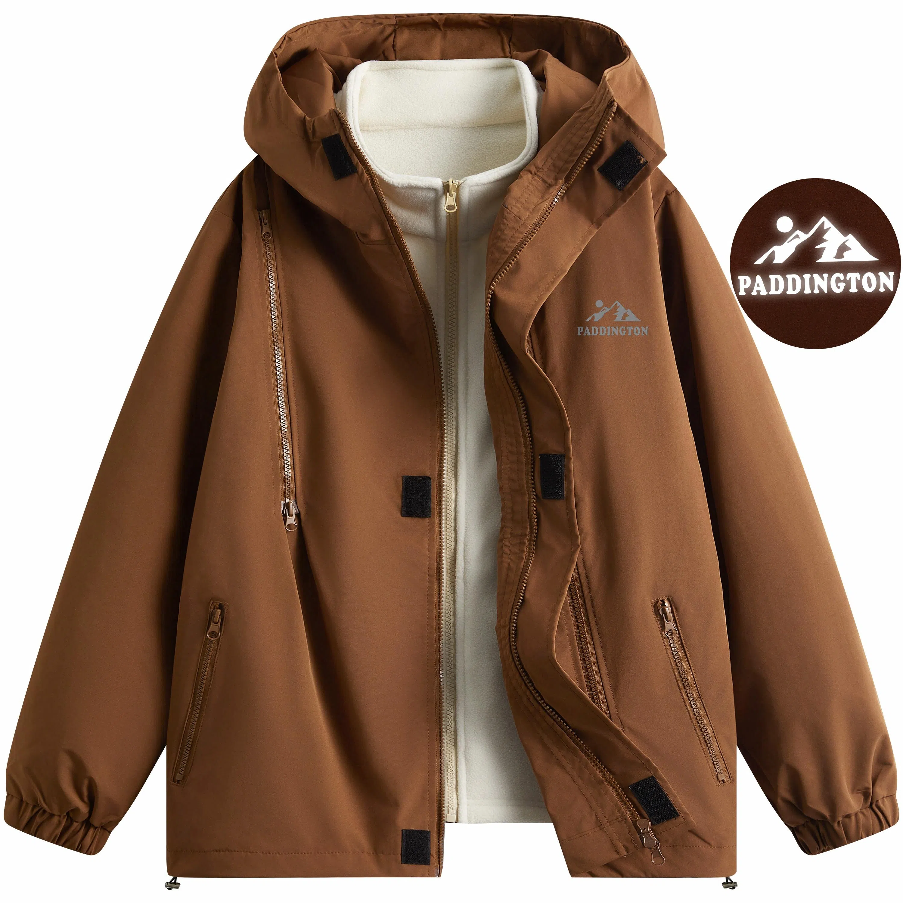 帕丁顿熊 复古高街废土机能风连帽三合一可拆卸内胆防风冲锋夹克外套 男女同款