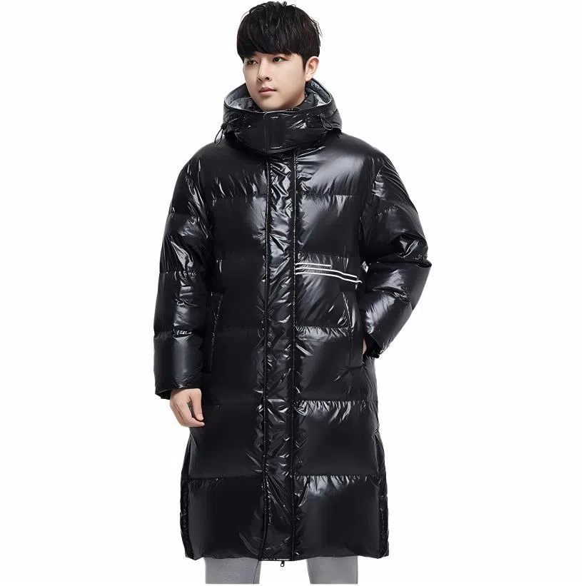 鸭鸭 纯色字母可脱卸连帽拉链长款长袖羽绒服 男女同款 黑色