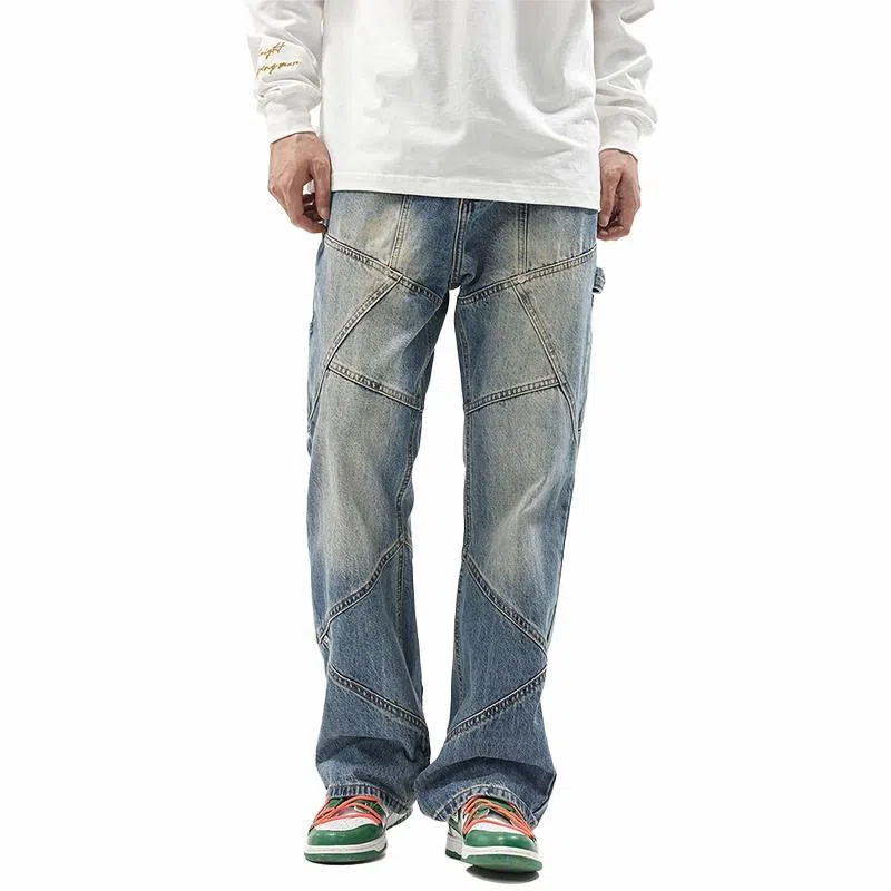 人本 潮流高街怀旧长裤子飘带多拼接设计宽松直筒水洗阔腿牛仔裤夏季 男女同款 复古蓝
