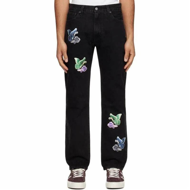 安娜苏 花卉贴布拉链束脚牛仔裤 男款 黑色