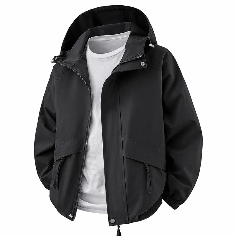 快鱼 美式复古基础简约纯色工装大口袋设计防风宽松百搭连帽夹克外套 男女同款