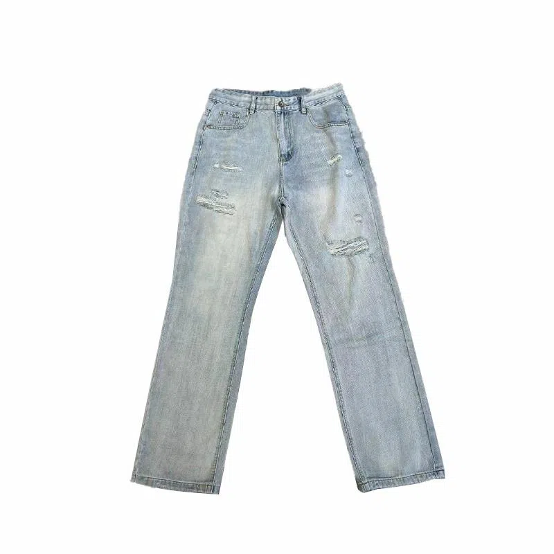 赞仕 水洗复古褪色做旧美式休闲直筒阔腿牛仔裤 男女同款 浅蓝色
