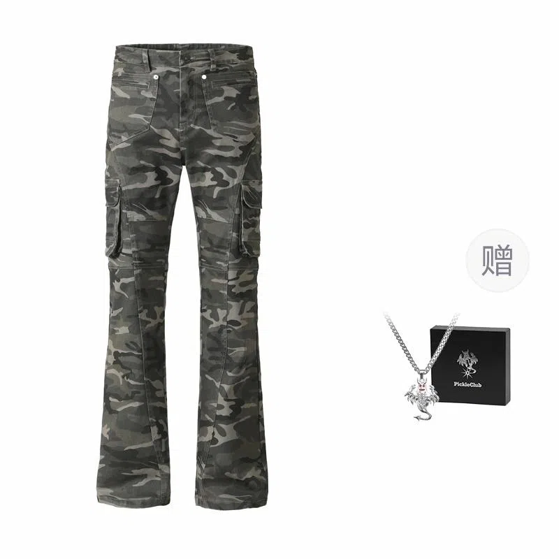 梁拌泡菜 美式高街多口袋修身微喇迷彩裤 男女同款